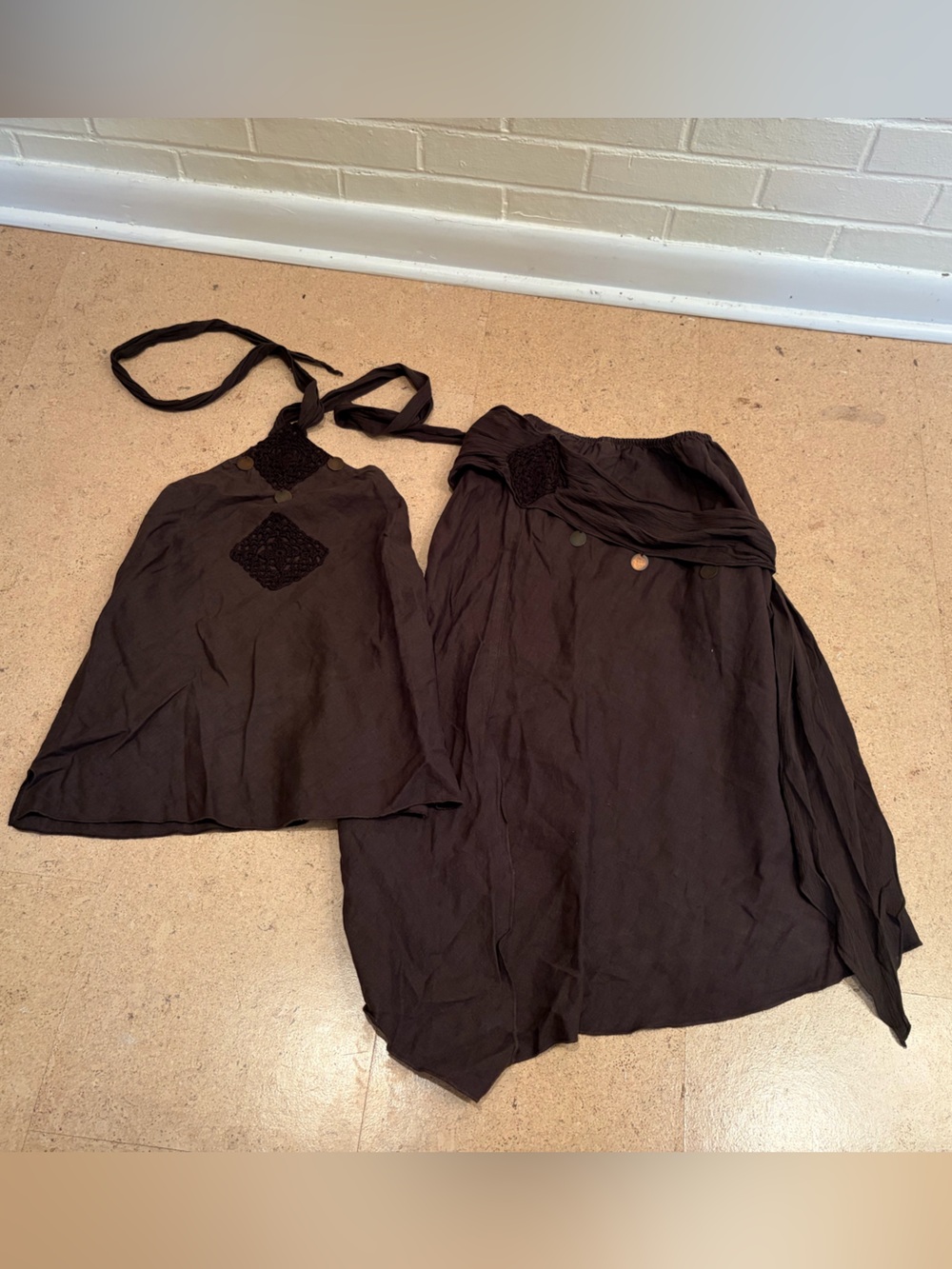 Tibi Easy Fit Brown Crochet Halter Tank Top and Skirt Set